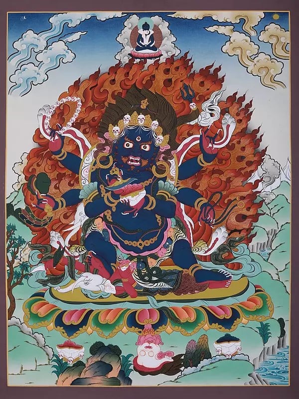 The Angry Kaal Bhairav | Tibetan Brocadeless Thangka Painting