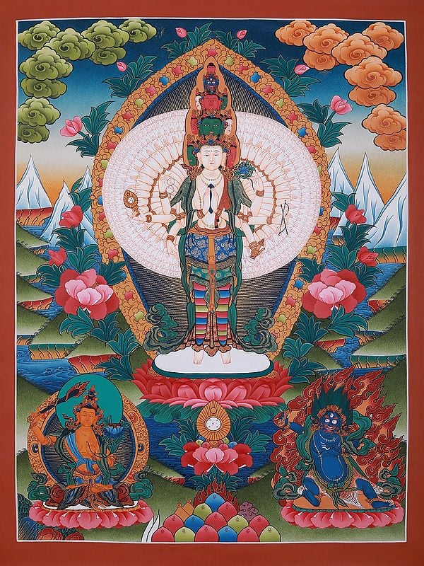 Tibetan Thangka Painting Of Standing Lokeshvara