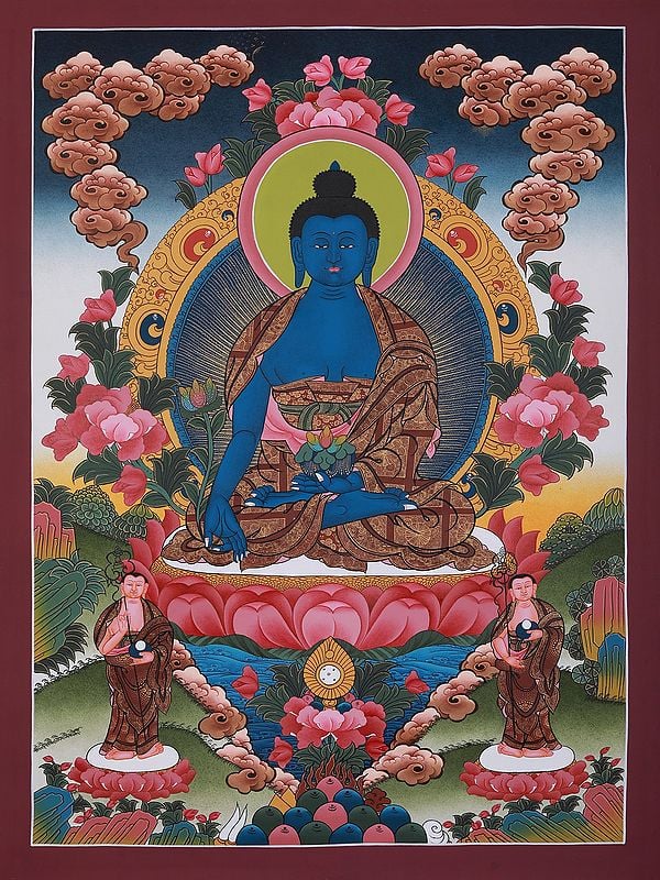 The Medicine Lord Buddha | Tibetan Brocadeless Thangka Painting