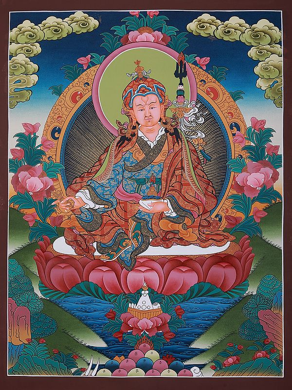 Guru Padmasambhava In Seated Posture | Tibetan Brocadeless Thangka Painting