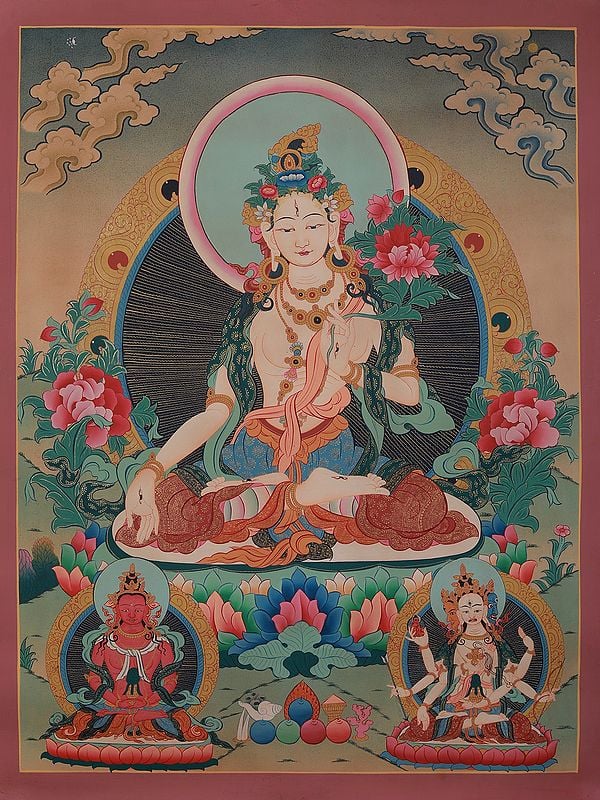 Goddess White Tara Seated On Lotus | Tibetan Brocadeless Thangka Painting