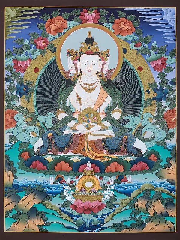 Aparmita Lord Buddha Seated On Lotus Asana | Tibetan Brocadeless Thangka Painting