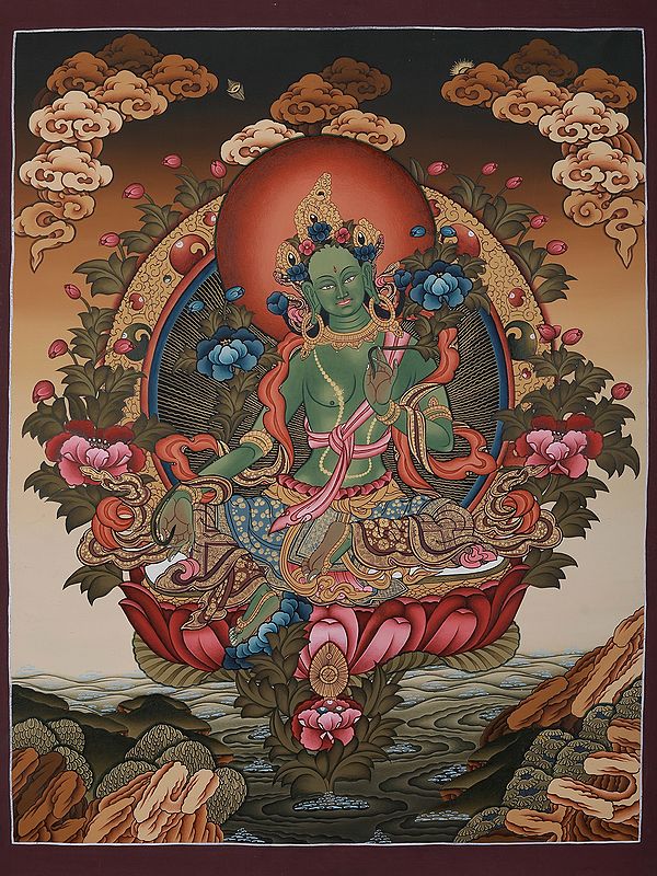 Goddess Green Tara On Asana | Tibetan Brocadeless Thangka Painting