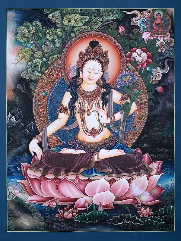 Hand-Painted Seated White Tara | Brocadeless Thangka Painting