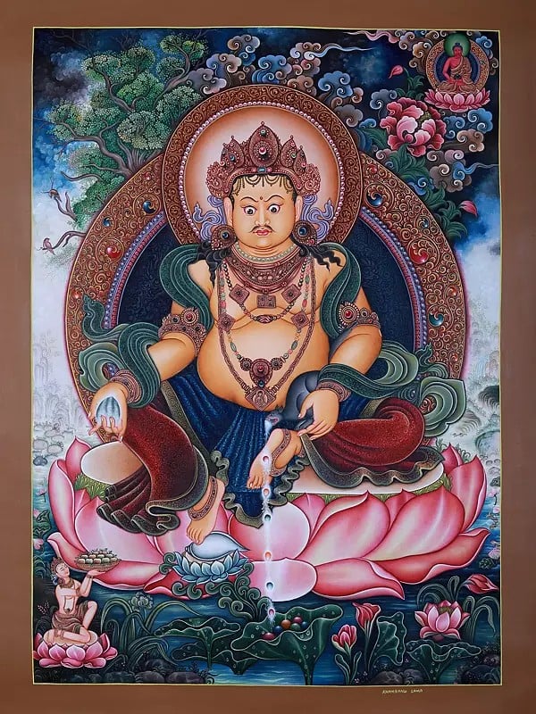 Tibetan Buddhist Kuber Seated On Lotus | Brocadeless Thangka Painting