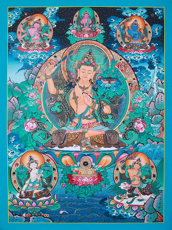 Tibetan Buddhist Deity Manjushree Hand-Painted | Brocadeless Thangka Painting