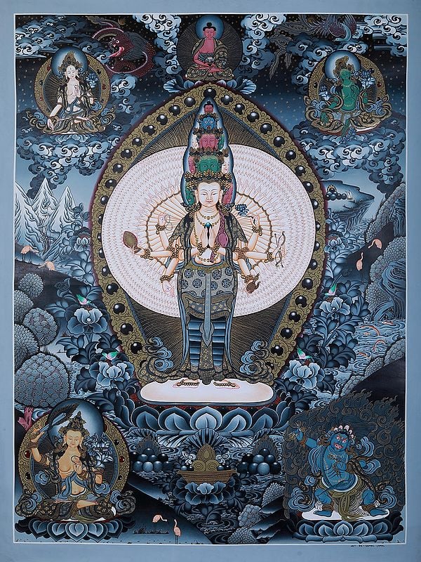 Avalokiteshvara With Manjushri And Vajrapani | Brocadeless Thangka Painting