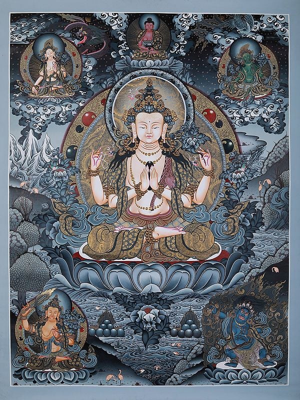 Tibetan Buddhist Deity Kharchedi Seated On Lotus | Brocadeless Thangka Painting