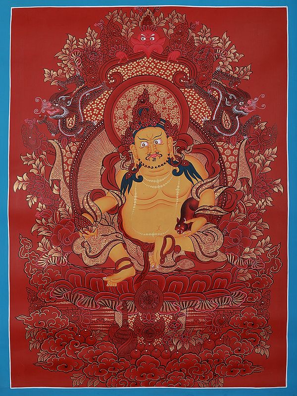 Tibetan Kubera Seated On Kirtimukha Throne | Tibetan Brocadeless Thangka Painting