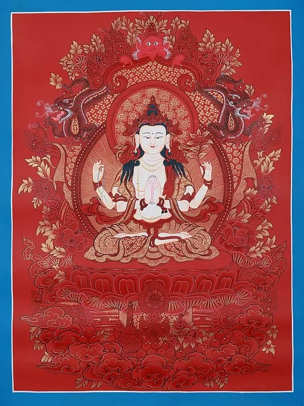 Avalokiteshvara Deity Of Tibetan | Tibetan Brocadeless Thangka Painting