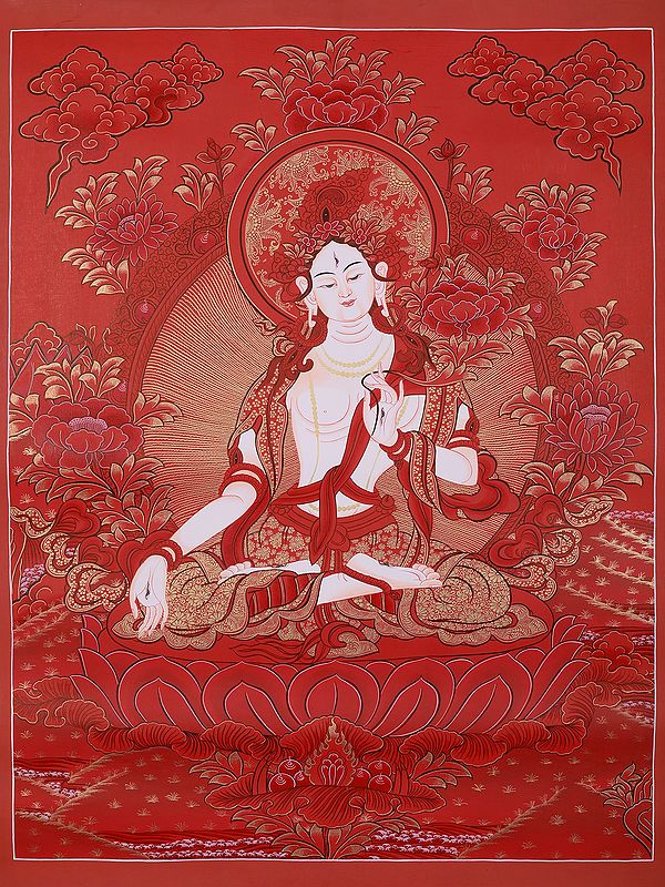 Goddess White Tara With Red Theme | Tibetan Brocadeless Thangka Painting