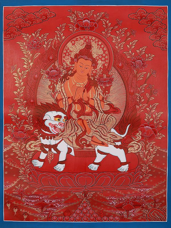 Buddhist Deity Seated On Singha | Tibetan Brocadeless Thangka Painting