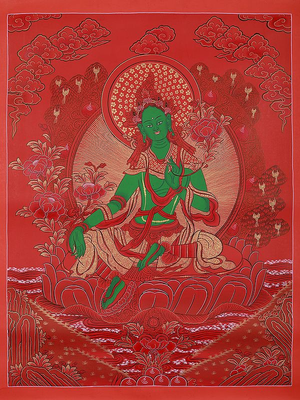 Goddess Green Tara With Flower | Tibetan Brocadeless Thangka Painting