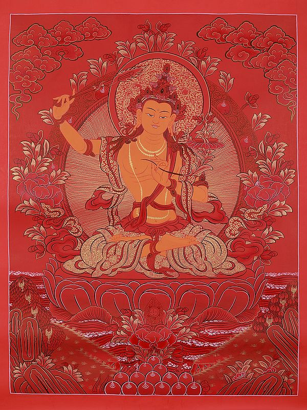 Seated Manjushree With Flower | Tibetan Brocadeless Thangka Painting