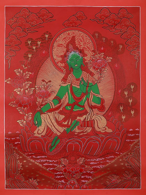 Goddess Green Tara With Beautiful Crown On Head | Tibetan Brocadeless Thangka Painting