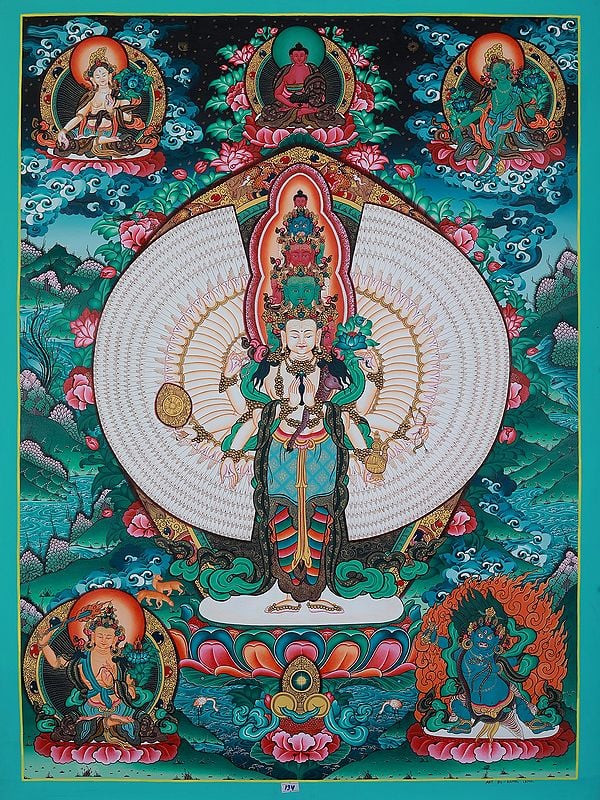 Avalokiteshvara With Goddess White Tara And Green Tara | Tibetan Brocadeless Thangka Painting