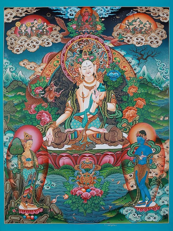 Goddess White Tara In Seated Posture | Tibetan Brocadeless Thangka Painting