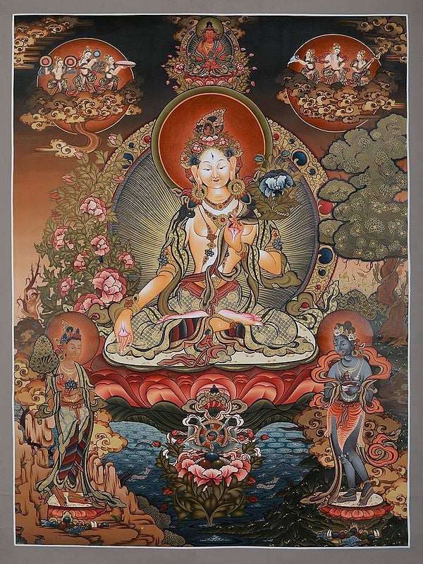 Goddess White Tara With Nature | Tibetan Brocadeless Thangka Painting