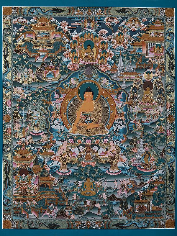 View Of Buddha's Life Chakra | Tibetan Brocadeless Thangka Painting