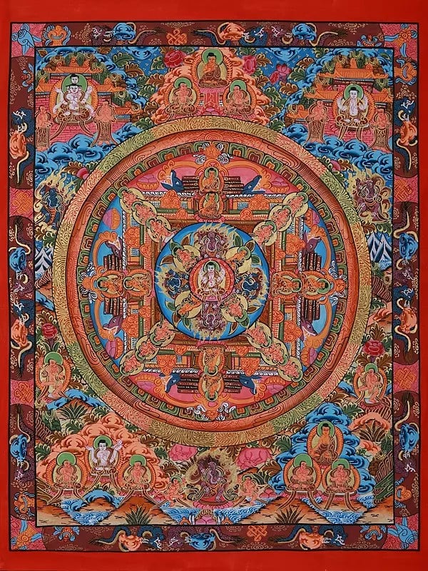 Dharma Wheel Of Mandala | Tibetan Brocadeless Thangka Painting