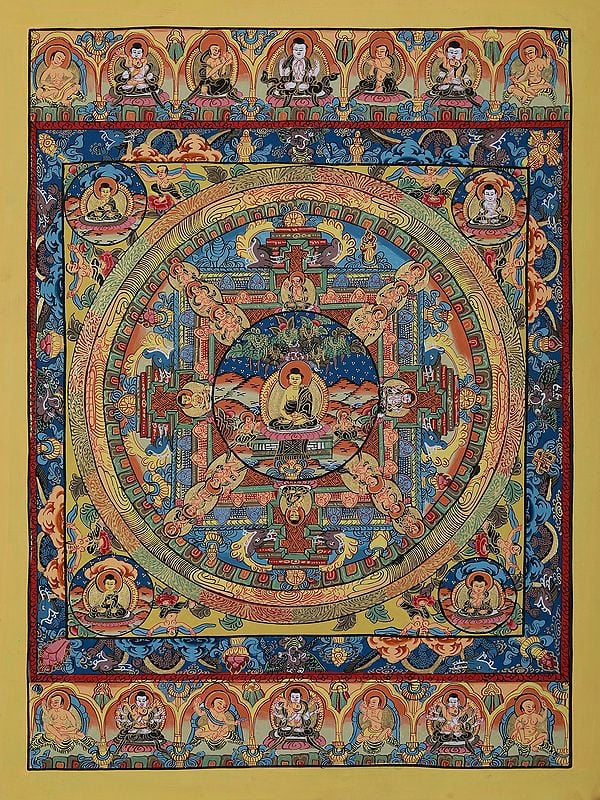 Shakyamuni Buddha Seated In Centre Of Mandala | Tibetan Brocadeless Thangka Painting