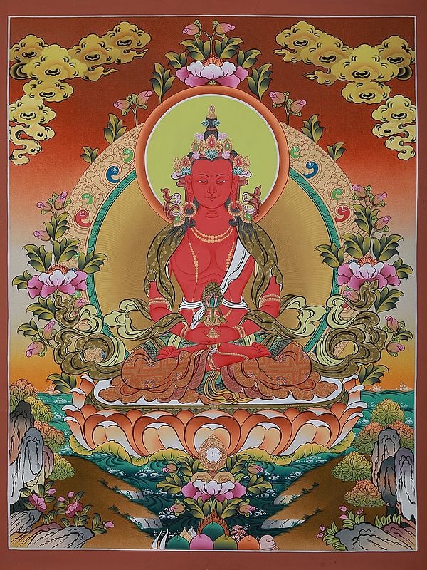 Aparmita Buddha On Lotus | Brocadeless Thangka Painting