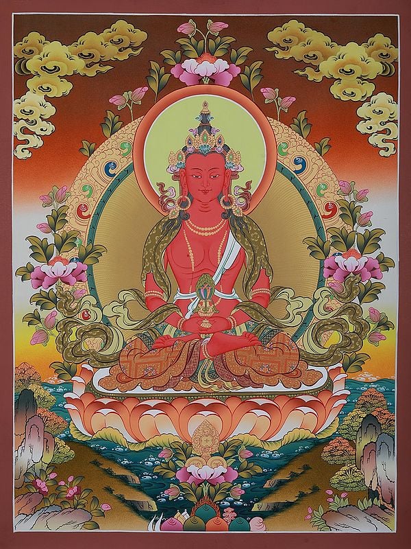 Amitayus Buddha Seated On Lotus | Brocadeless Thangka Painting