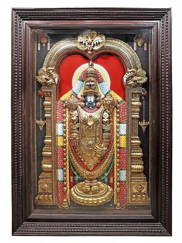 Tanjore Painting Of Standing Lord Tirupati Balaji With Embossing Work | Traditional Colors With 24K Gold | Teakwood Frame