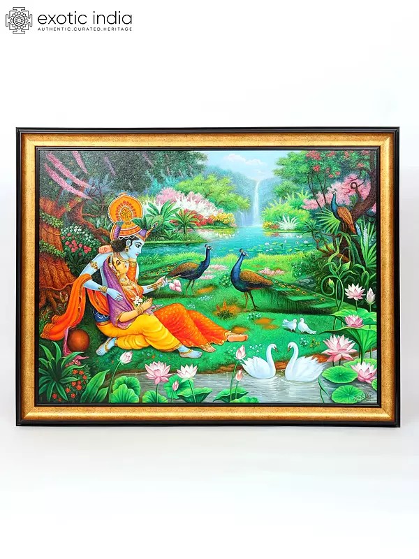 Radha Krishna with Beautiful View of Vrindavan | Unframed Oil Painting