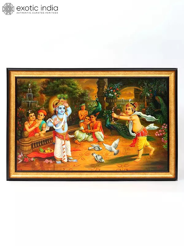 Lord Krishna and Balarama Playing with Each Other | Unframed Oil Painting