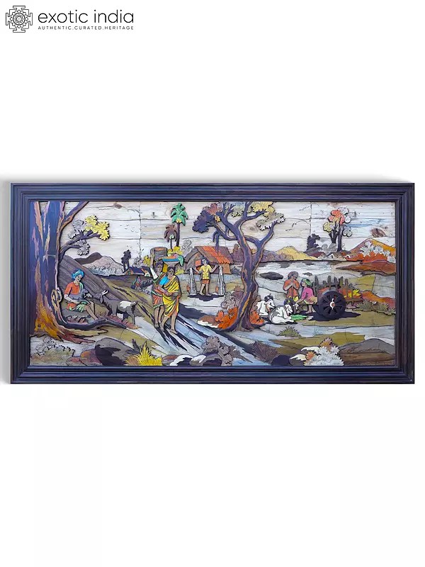 72" Large Village Life Landscape | 3D Wall Panel in Rosewood with Inlay Work