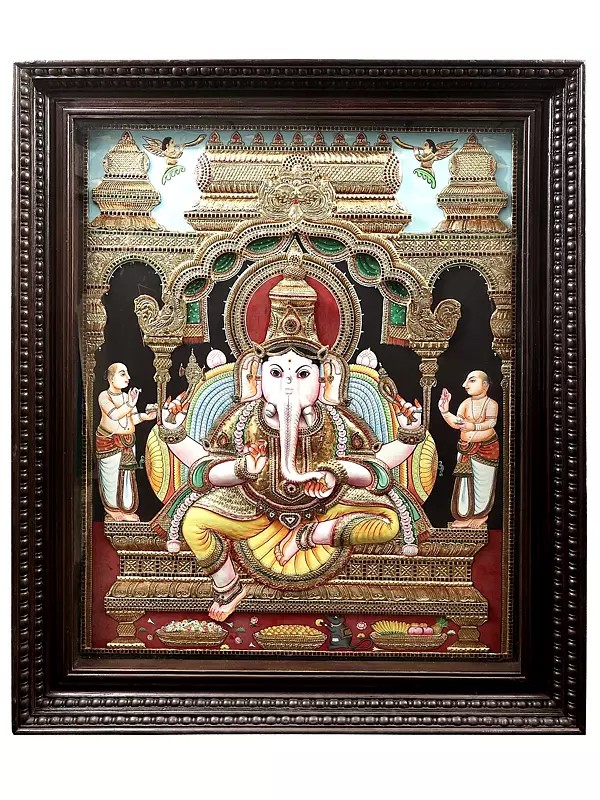 Lord Ganesha Super Large Tanjore Painting | Traditional Colors With 24K Gold | Teakwood Frame | Gold & Wood | Handmade | Made In India