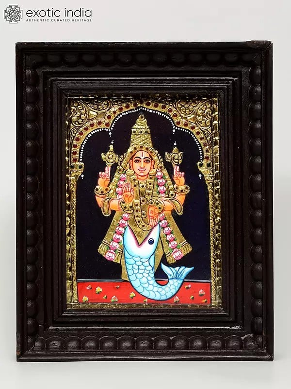 Matsya Avatar of Lord Vishnu Tanjore Painting | Traditional Colors with 24 Karat Gold | With Frame