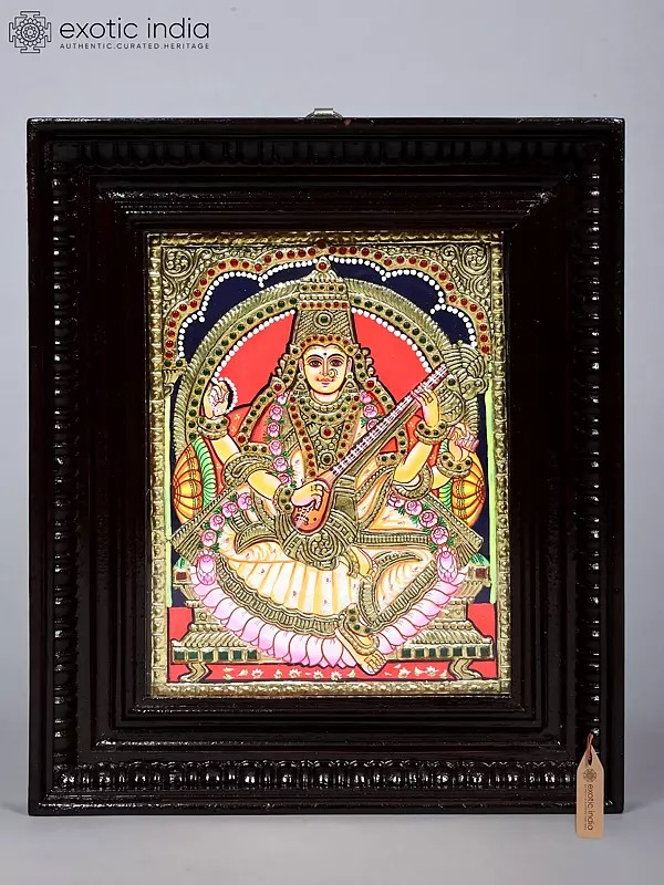 Seated Goddess Saraswati Holding Veena | Traditional Tanjore Painting with Gold Work