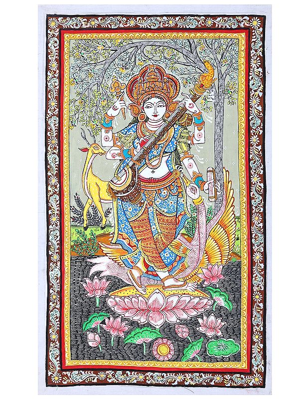 Goddess Saraswati Standing on Lotus and Playing Veena | Pattachitra Painting From Odisha