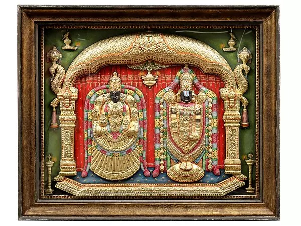 42" Sacred Lord Balaji with Goddess Padmavathi Traditional Embossed Tanjore Art – Teakwood Framed