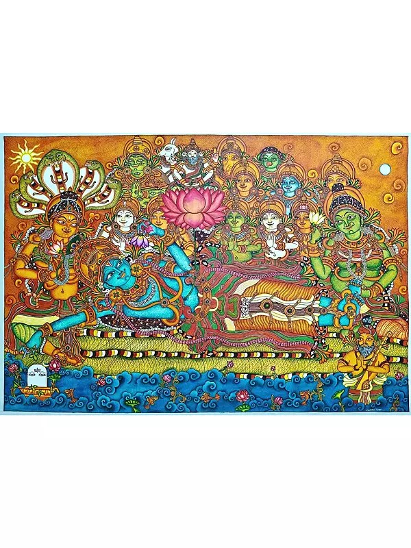 Ananthasayanam - Lord Vishnu with Deities | Acrylic Painting on Canvas | by Monisha Gayen