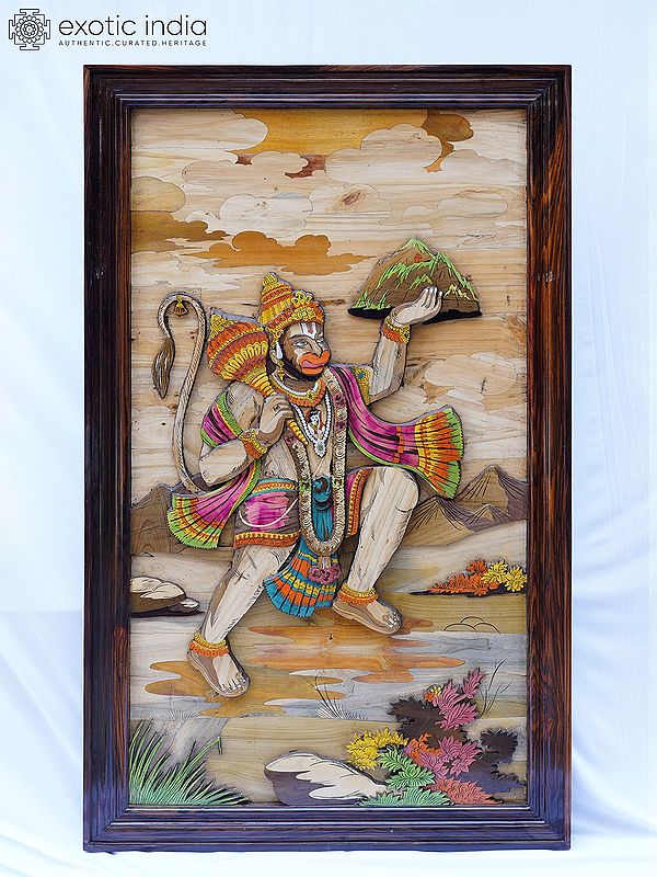 61" Lord Hanuman Carrying Sanjeevani Mountain | Rosewood 3D Panel with Inlay Work