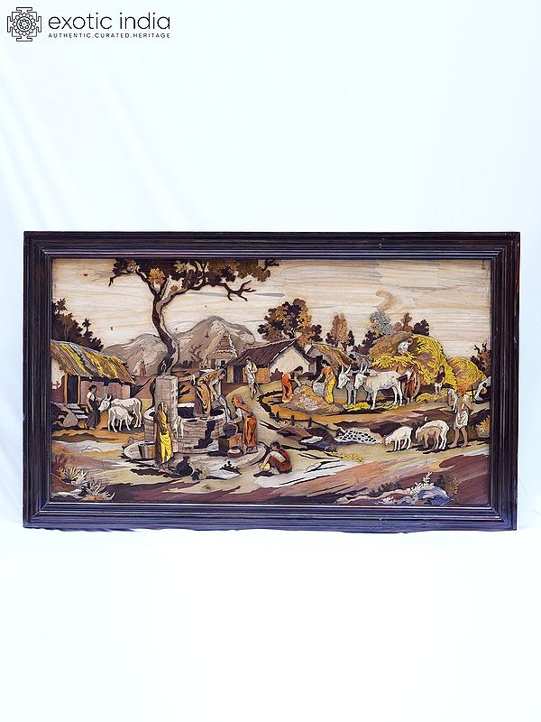 61" Daily Work in Village - Rural View | Rosewood 3D Panel with Inlay Work