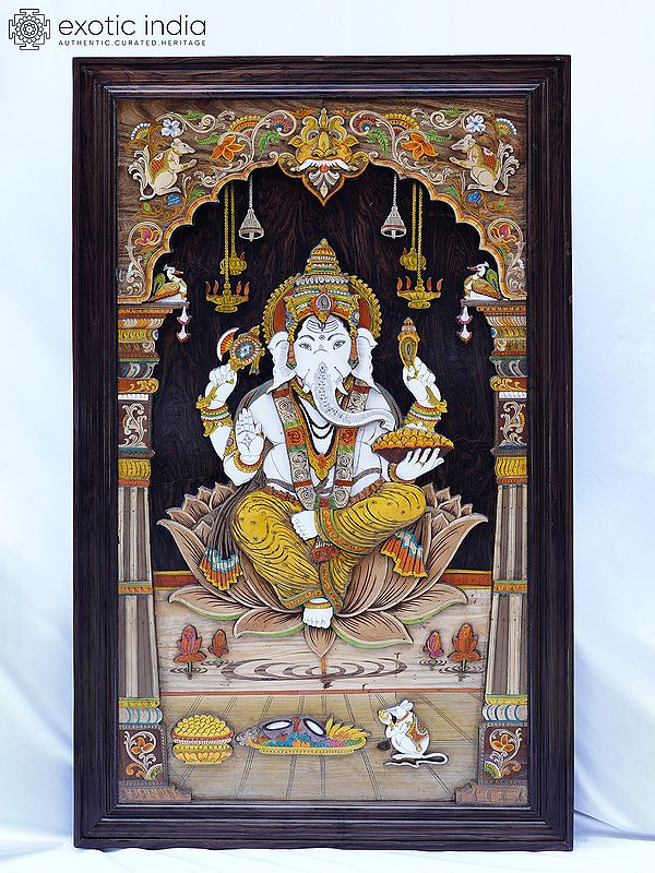 61" Attractive View of Lord Ganesha with Arch | Rosewood 3D Panel with Inlay Work