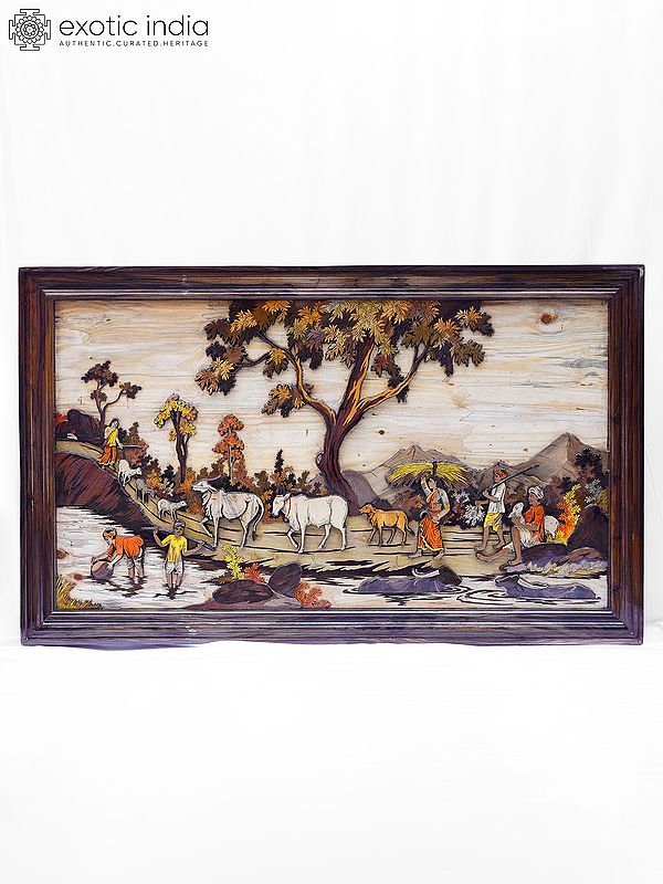 61" Daily Routine View by the Lake - Rural Life | Rosewood 3D Panel with Inlay Work