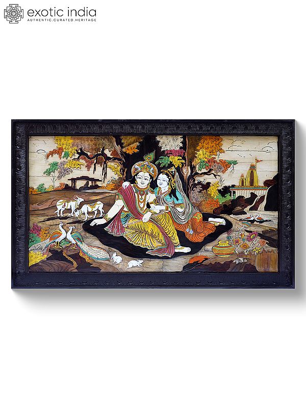 61" Lord Krishna Seated with Radha Rani | Rosewood 3D Panel with Inlay Work