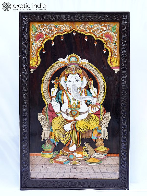 61" Lord Ganesha Seated on Beautiful Throne | Rosewood 3D Panel with Inlay Work