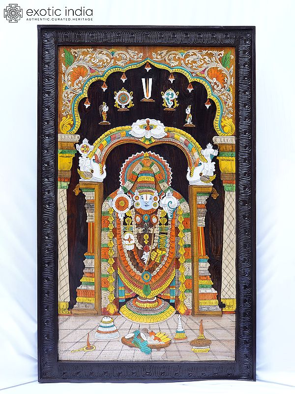 61" Lord Venkateswara (Tirupati Balaji) with Vaishnava Symbols | Rosewood 3D Panel with Inlay Work