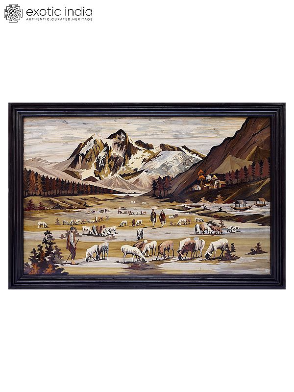 72" Kashmiri Shepherd on Hills | Rosewood 3D Panel with Inlay Work