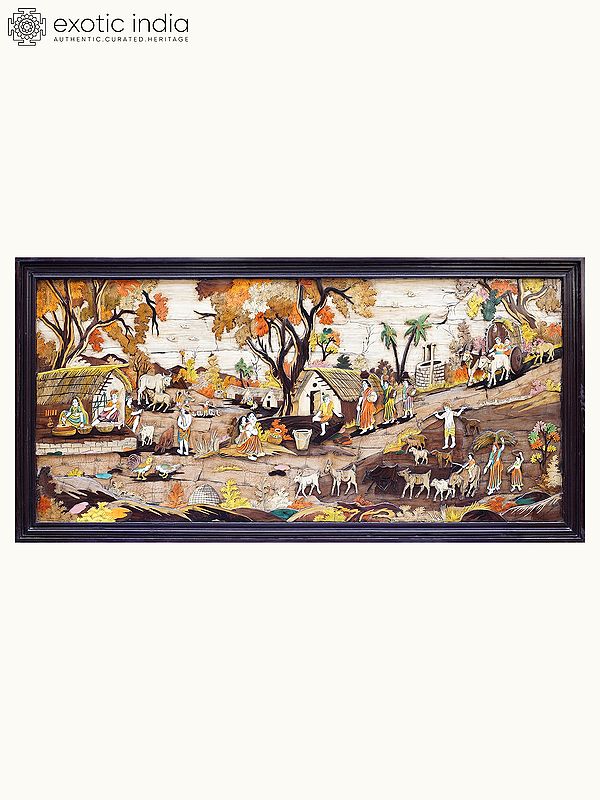 96" Essence of Village Life | Rosewood 3D Panel with Inlay Work