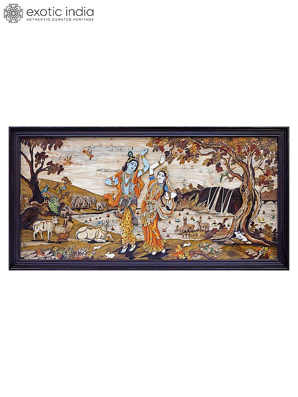 96" Divine Dance by the Yamuna - Radha Krishna | Rosewood 3D Panel with Inlay Work