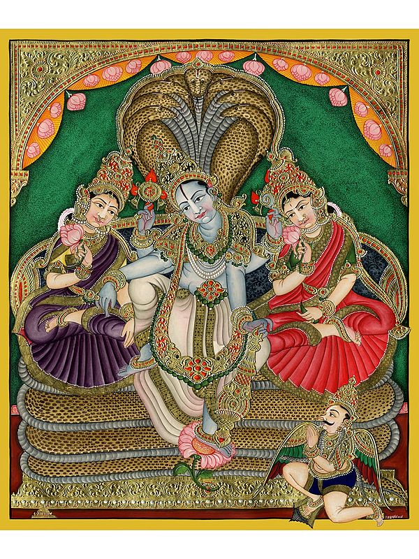 Lord Vaikuntha Narayana | Watercolor and 22 Carat Gold Leaf Work | Painting By Shagun Sengar Shaha