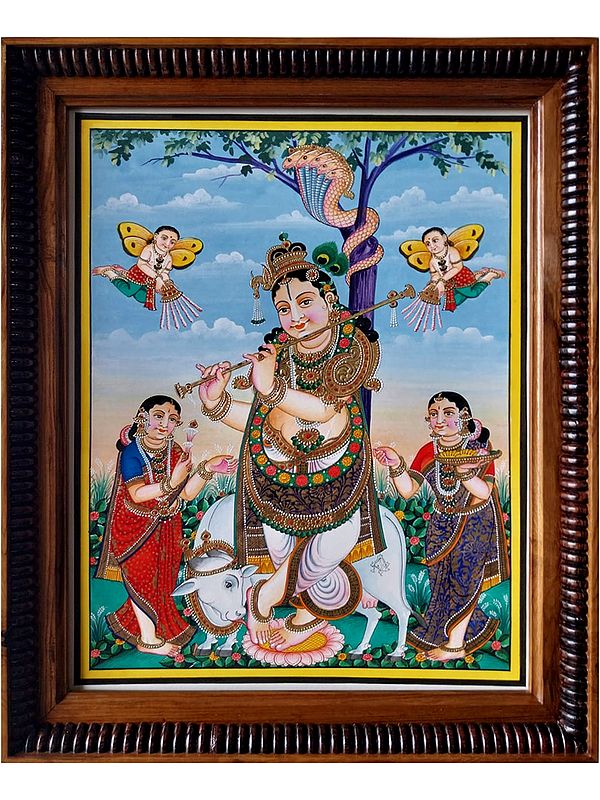 Krishna with Gopis | Watercolor and 22 Carat Gold Leaf Work | Painting By Shagun Sengar Shaha