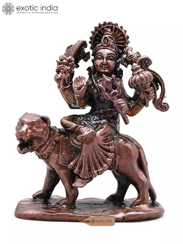 2" Small Goddess Durga Seated on Lion | Copper Statue